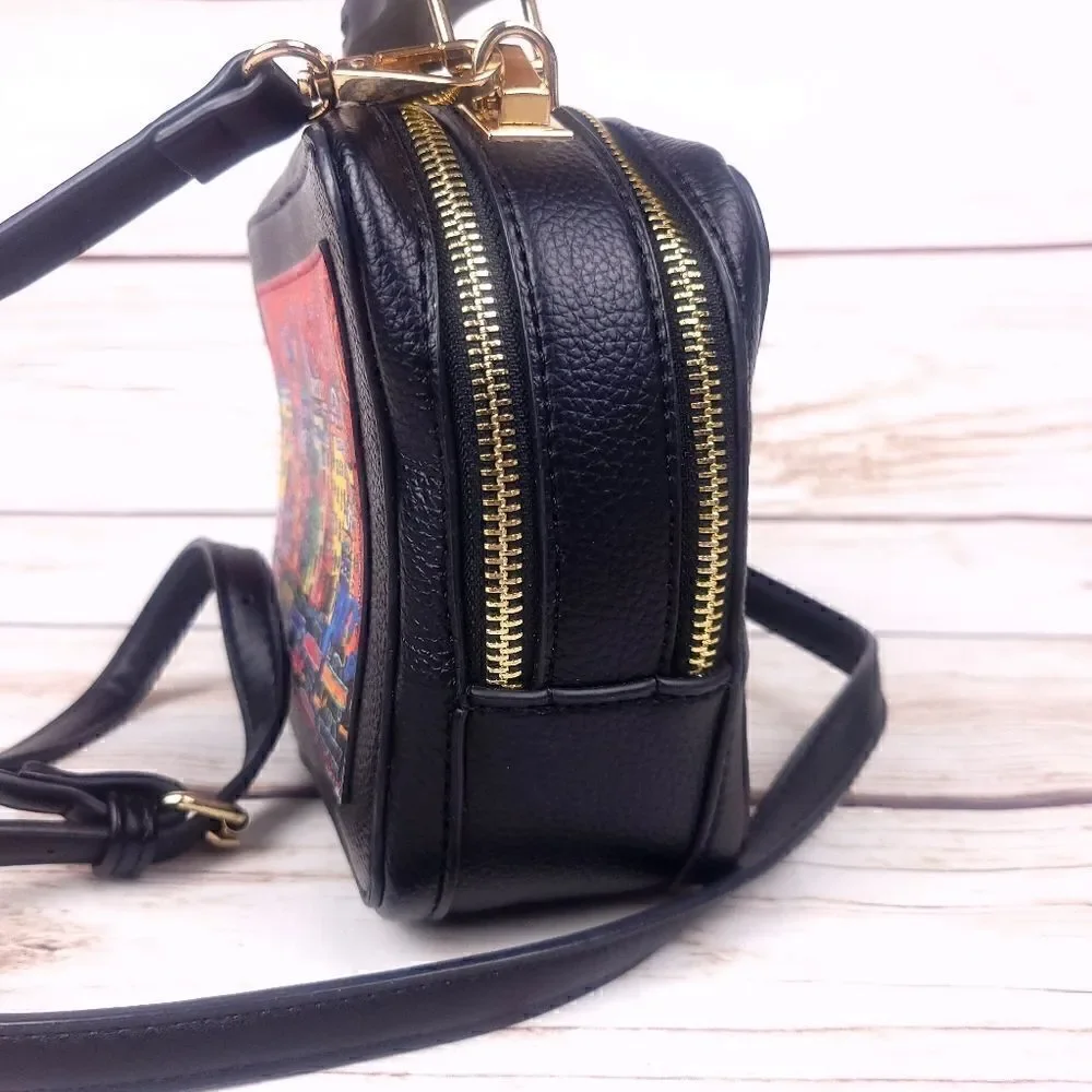 Derimod Small Black Red Faux Leather Crossbody Bag Cityscape Box Purse